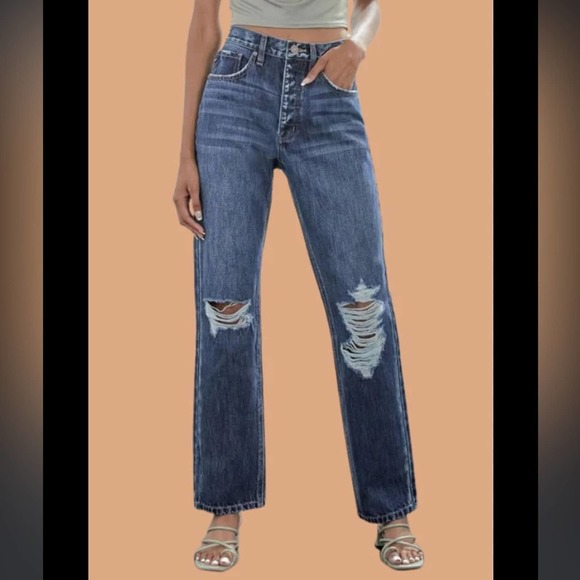 KanCan High Rise Striaght Leg Distressed Knee Jeans 25x31 - Picture 1 of 5